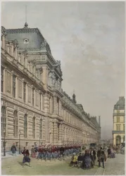 Utsikt over den nye fasaden til Louvre på rue de Rivoli, illustrasjon fra 